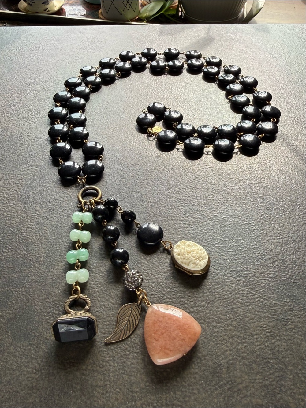 David Aubrey Long Black Bead Necklace with Multicolor Gemstone Charms